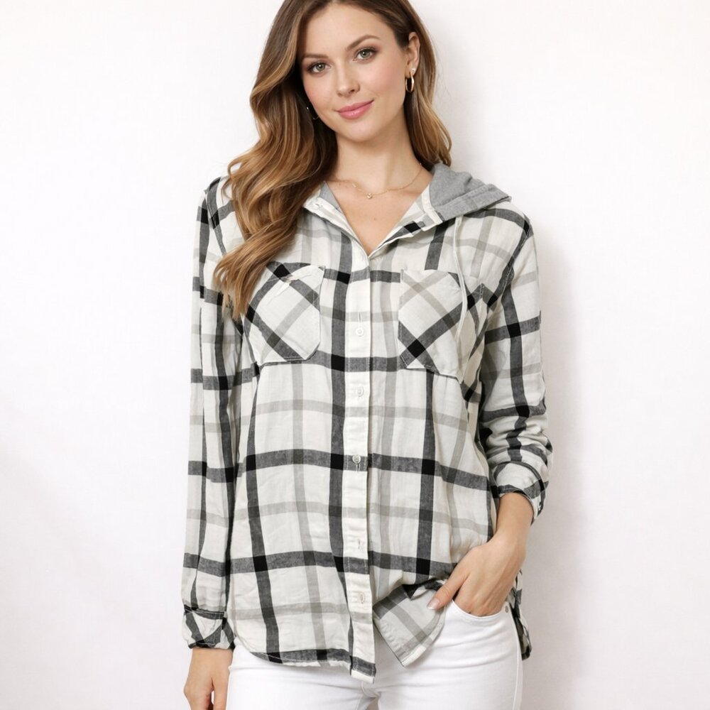 Columbia Hoodie Women's M gray Plaid Button Up Drawstring Pockets Long Sleeve
